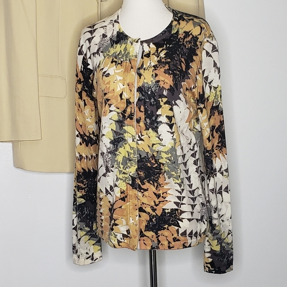 Worth Cardigan Multi Color Luxury Wool Winter Leaf Pattern Gold Spring Fall Chic - Picture 9 of 12